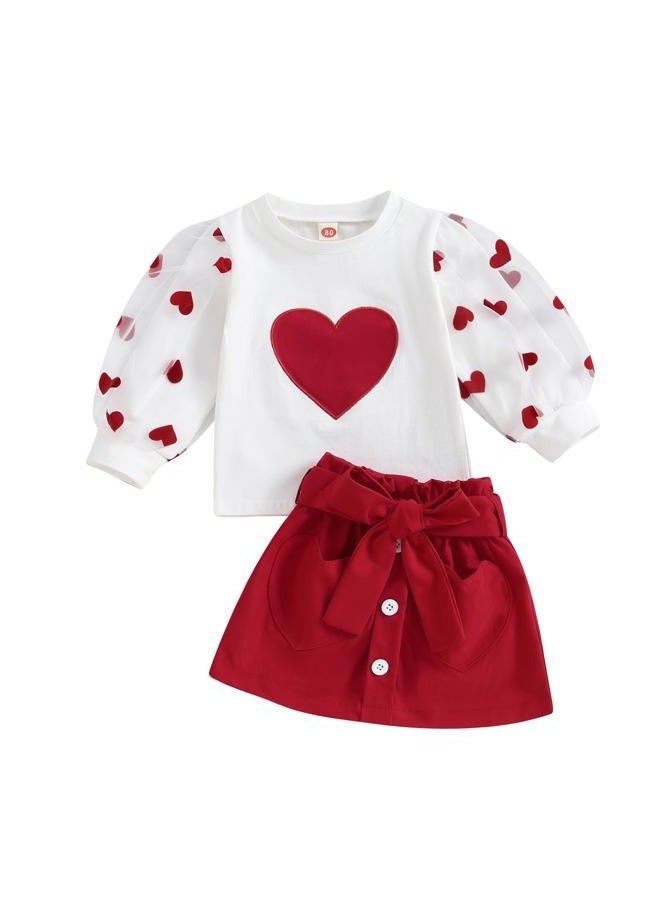 Gureui Toddler Baby Girl Valentines Day Outfit Long Sleeve Red Heart Print Sweatshirt Skirt Clothes Set, A White Heart, 2-3 Years - Image 1