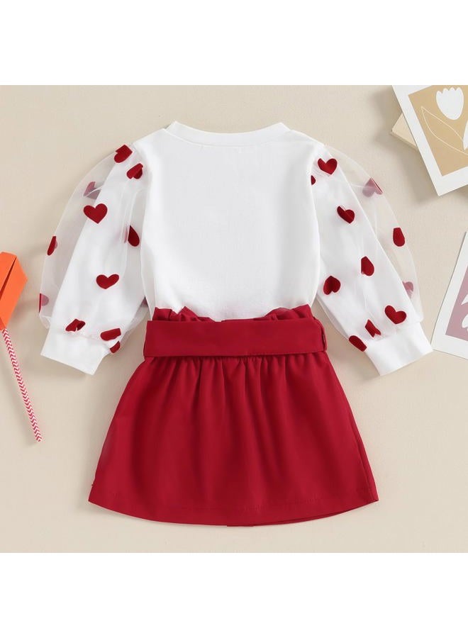 Gureui Toddler Baby Girl Valentines Day Outfit Long Sleeve Red Heart Print Sweatshirt Skirt Clothes Set, A White Heart, 2-3 Years - Image 4