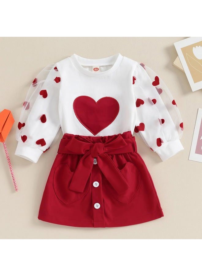 Gureui Toddler Baby Girl Valentines Day Outfit Long Sleeve Red Heart Print Sweatshirt Skirt Clothes Set, A White Heart, 2-3 Years - Image 3