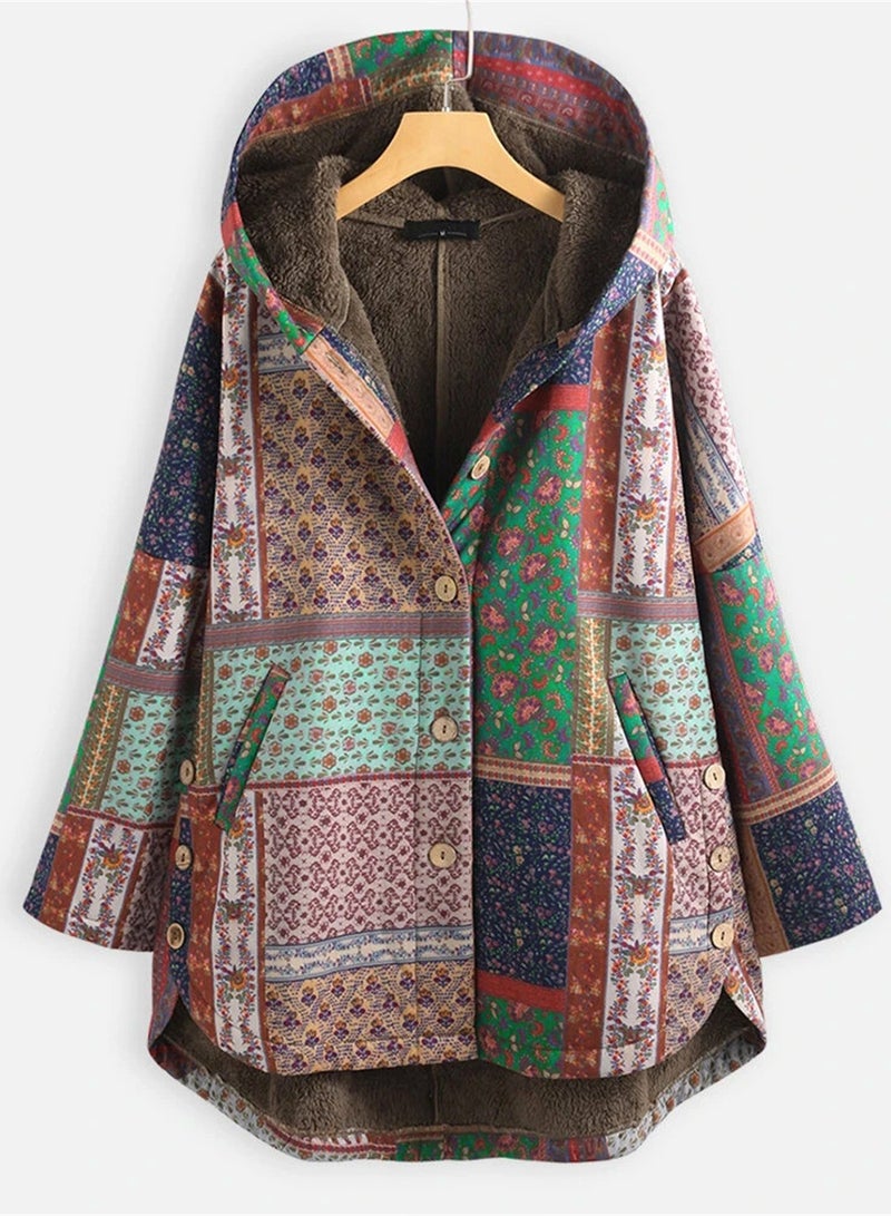 Loquat Autumn And Winter Thick Printed Women's Hooded Slim-Fit Long Warm Coat Brown  - Image 1