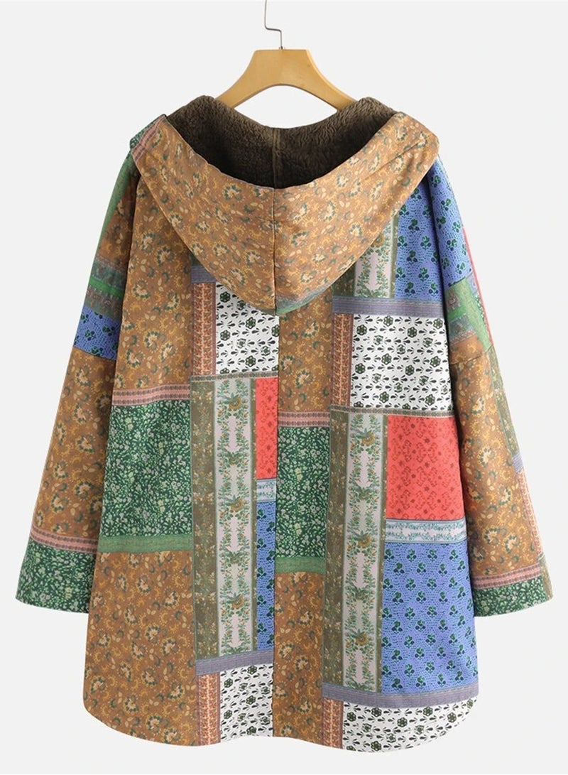Loquat Autumn And Winter Thick Printed Women's Hooded Slim-Fit Long Warm Coat Brown  - Image 2