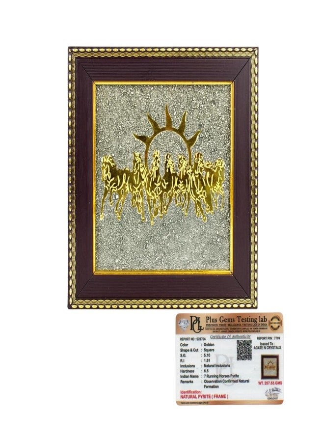 AGATE N CRYSTALS 7 Running Horses Pyrite Dust Frame | Lab Certified Vastu Feng Shui Wall Decor for Home & Office | Golden Pyrite Stone for Wealth, Success & Positive Energy | 18x18 cm - Image 1