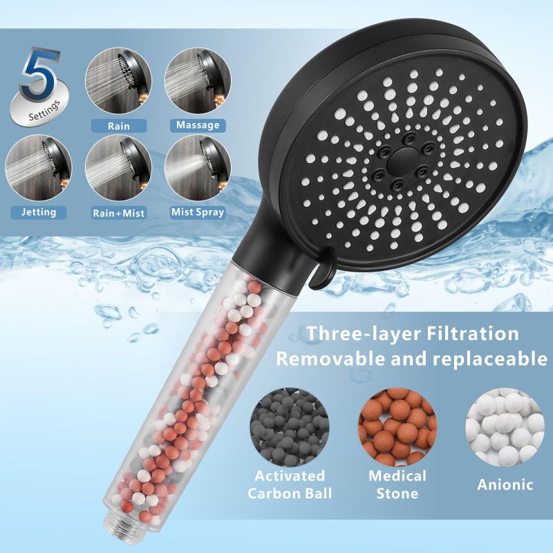 Nuodan Filtered Shower Head with Handheld Combo, High Pressure Rain Showerhead Filter for Remove Chlorine and Harmful Substances, with Self-adhesive Holder/59" Hose, Matte Black - Image 3
