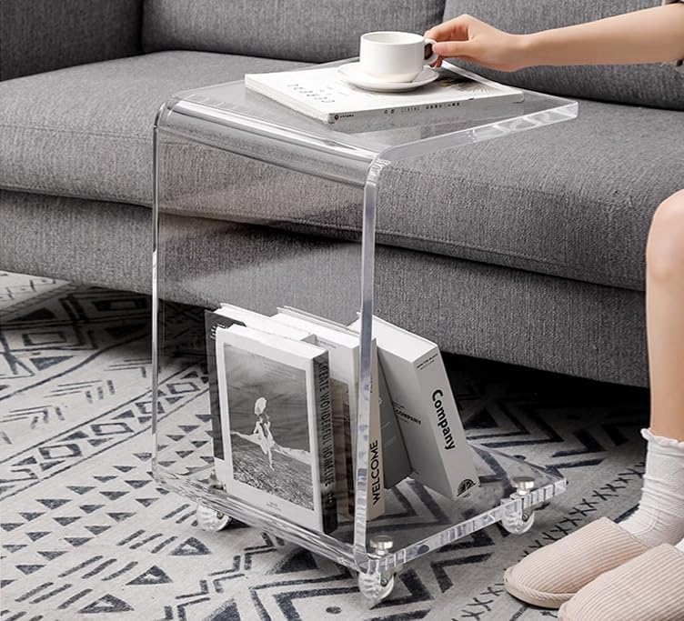 ONELUX Mobile C Shaped End Table,Acrylic Sofa Side Table, Snack Table On Wheels,Clear Rolling Table - Image 4