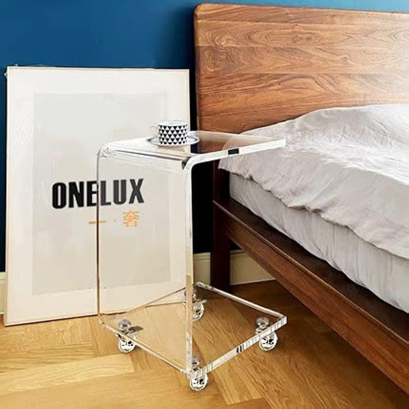 ONELUX Mobile C Shaped End Table,Acrylic Sofa Side Table, Snack Table On Wheels,Clear Rolling Table - Image 2