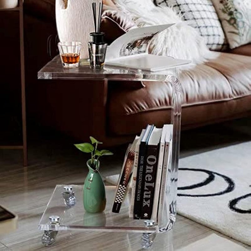 ONELUX Mobile C Shaped End Table,Acrylic Sofa Side Table, Snack Table On Wheels,Clear Rolling Table - Image 3