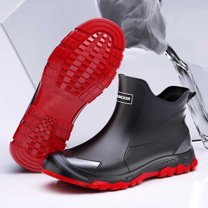 Cross-border fashion non-slip rain shoes mens short tube waterproof boots mens water boots kitchen car wash rain gear rubber shoes outdoor black red - Image 1