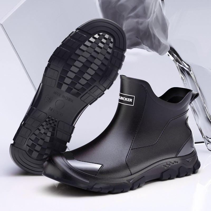 Cross-border fashion non-slip rain shoes mens short tube waterproof boots mens water boots kitchen car wash rain gear rubber shoes outdoor black red - Image 3
