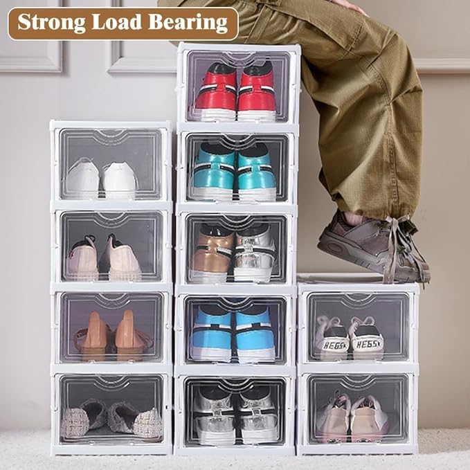 Ranjkri Drop Front Shoe Foldable Storage Box No Assembly Shoe Organizer Storage Bin with Clear Door Free Standing Shoe Shelf Cabinet with Lid Plastic Shoe Rack for Closet Entryway 2Tier - Image 2