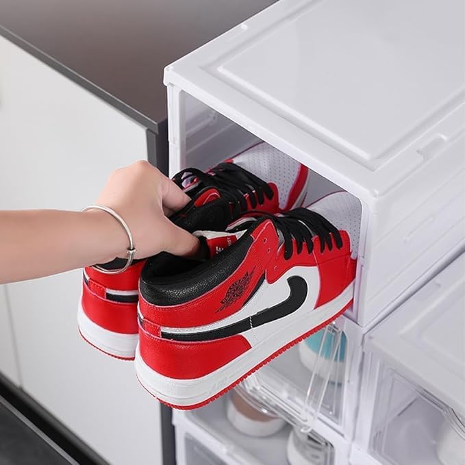 Ranjkri Drop Front Shoe Foldable Storage Box No Assembly Shoe Organizer Storage Bin with Clear Door Free Standing Shoe Shelf Cabinet with Lid Plastic Shoe Rack for Closet Entryway 2Tier - Image 4