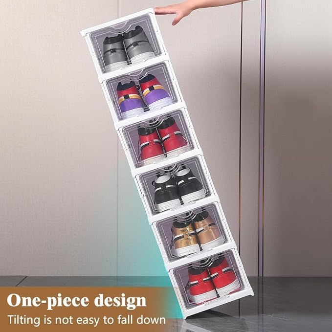 Ranjkri Drop Front Shoe Foldable Storage Box No Assembly Shoe Organizer Storage Bin with Clear Door Free Standing Shoe Shelf Cabinet with Lid Plastic Shoe Rack for Closet Entryway 2Tier - Image 5