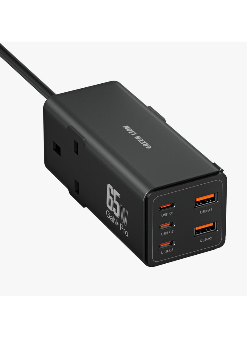 GREEN LION 7in1 GaN Power Strip 65W / Multi-Port Charger / 2AC Socket / PD 65W Fast Charger / Safety Shutters / PC Flame Retardant / 3250W Max Power / UK Plug / Safe Guard / 3-USB-C and 2-USB-A - Black - Image 1