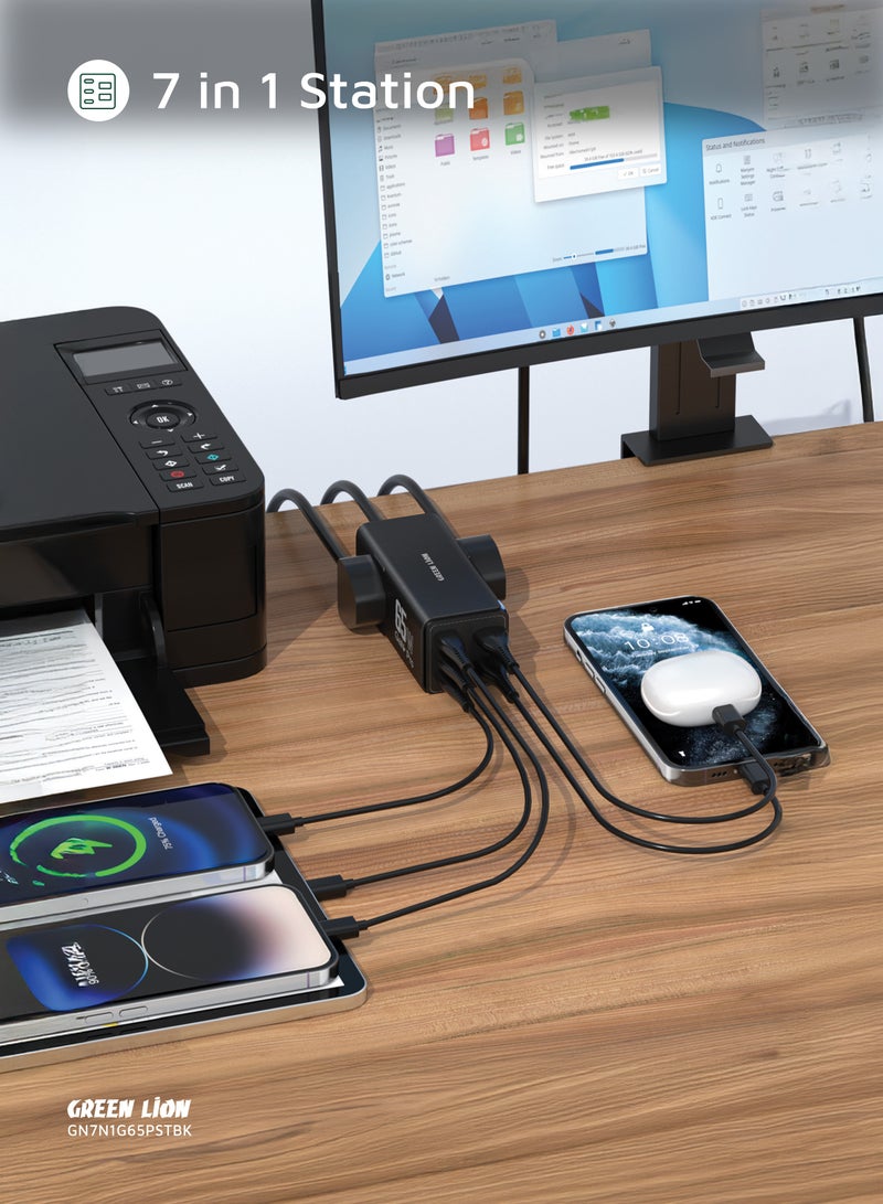 GREEN LION 7in1 GaN Power Strip 65W / Multi-Port Charger / 2AC Socket / PD 65W Fast Charger / Safety Shutters / PC Flame Retardant / 3250W Max Power / UK Plug / Safe Guard / 3-USB-C and 2-USB-A - Black - Image 3