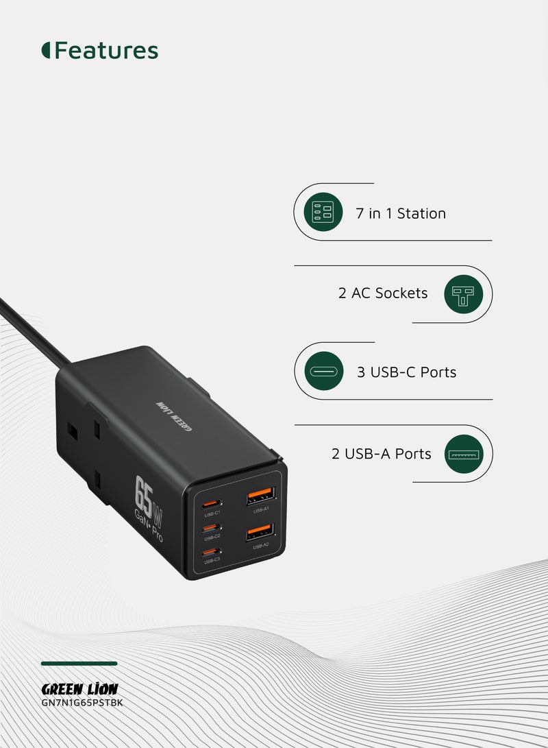 GREEN LION 7in1 GaN Power Strip 65W / Multi-Port Charger / 2AC Socket / PD 65W Fast Charger / Safety Shutters / PC Flame Retardant / 3250W Max Power / UK Plug / Safe Guard / 3-USB-C and 2-USB-A - Black - Image 2