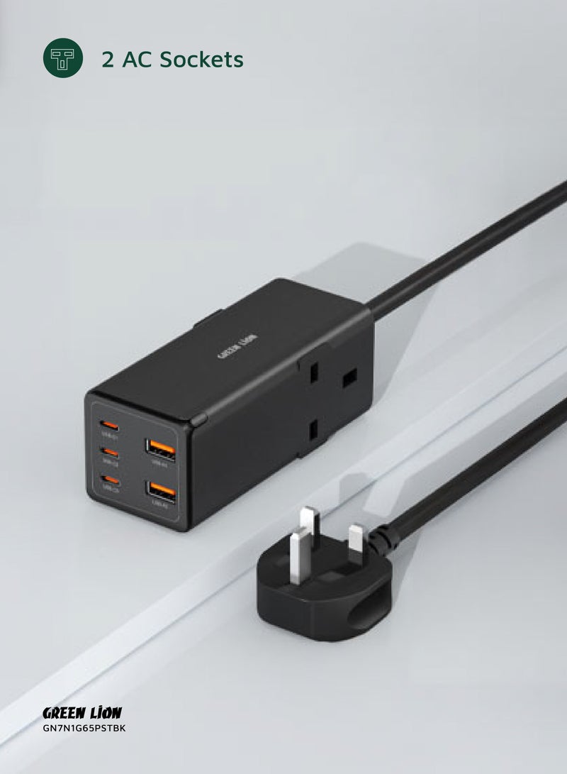 GREEN LION 7in1 GaN Power Strip 65W / Multi-Port Charger / 2AC Socket / PD 65W Fast Charger / Safety Shutters / PC Flame Retardant / 3250W Max Power / UK Plug / Safe Guard / 3-USB-C and 2-USB-A - Black - Image 4
