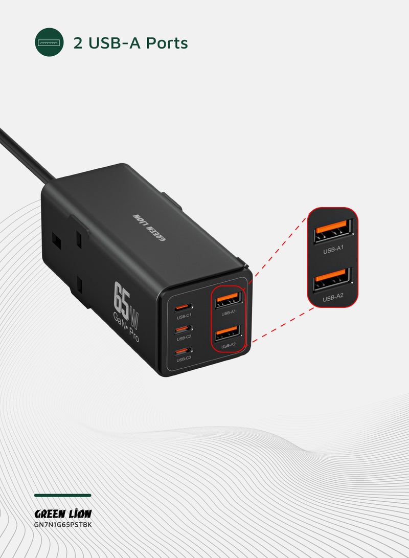 GREEN LION 7in1 GaN Power Strip 65W / Multi-Port Charger / 2AC Socket / PD 65W Fast Charger / Safety Shutters / PC Flame Retardant / 3250W Max Power / UK Plug / Safe Guard / 3-USB-C and 2-USB-A - Black - Image 5