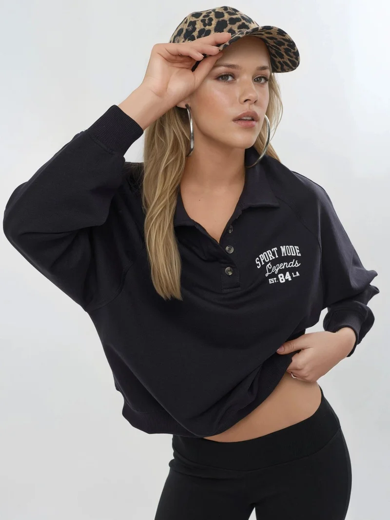 Busem BUSEM Polo Collar Long Sleeve Relaxed Fit Sweatshirt