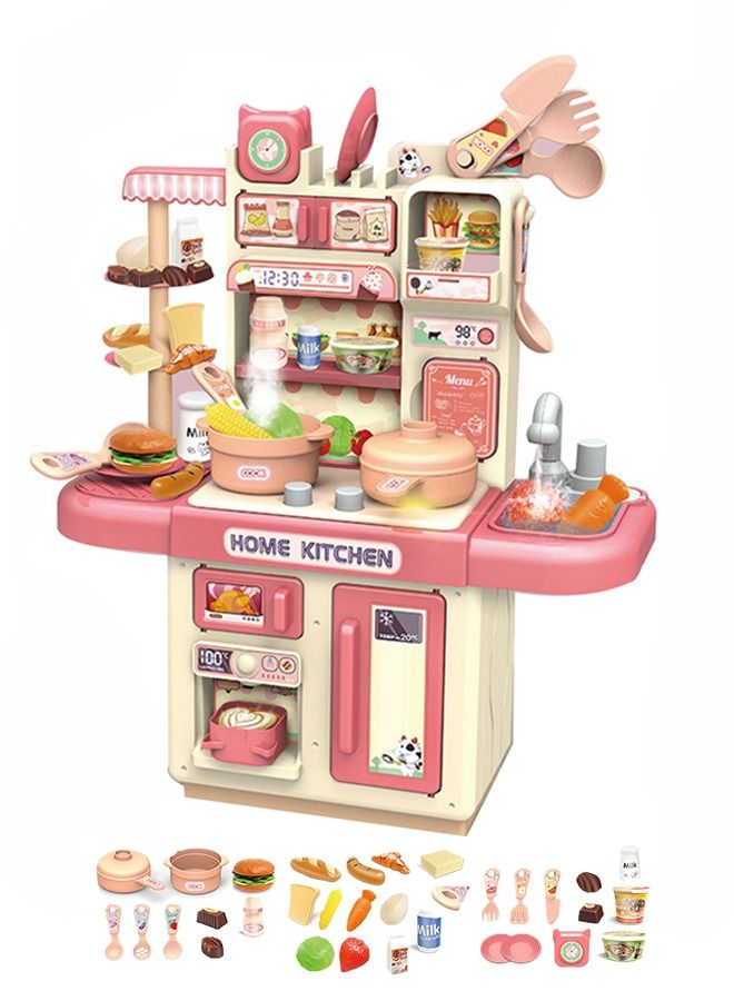 34 Pcs Kitchen Pretend Play Toy Set, Role Play Cookware Indoor DIY Toy Games, Kitchen Accessories Toys Sets With Spray And Light for Boys, Girls, Kids, Children, Pink - Image 1