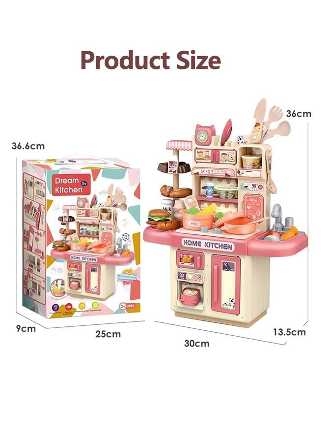 34 Pcs Kitchen Pretend Play Toy Set, Role Play Cookware Indoor DIY Toy Games, Kitchen Accessories Toys Sets With Spray And Light for Boys, Girls, Kids, Children, Pink - Image 2
