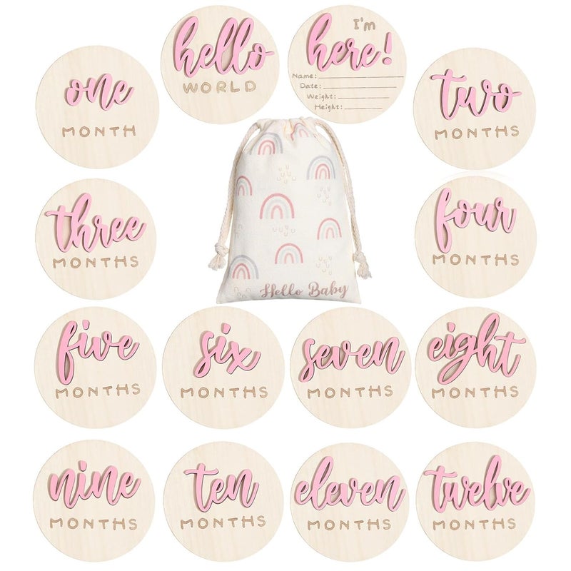 Burbell 3D Baby Monthly Milestone Card Signs Baby Announcement Sign 7 Pack Double Sided Hello World Newborn Signs Wooden Circles Discs for Welcome Newborn Shower Boy Girl Photo PropsPink - Image 1