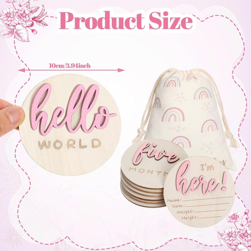 Burbell 3D Baby Monthly Milestone Card Signs Baby Announcement Sign 7 Pack Double Sided Hello World Newborn Signs Wooden Circles Discs for Welcome Newborn Shower Boy Girl Photo PropsPink - Image 3