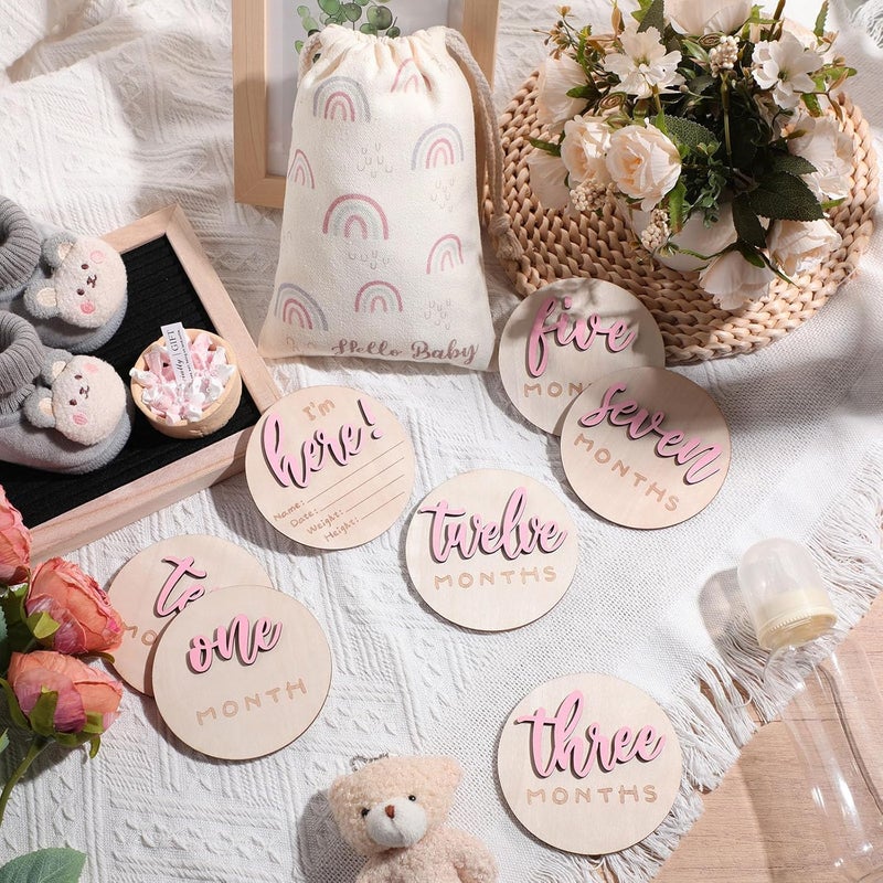 Burbell 3D Baby Monthly Milestone Card Signs Baby Announcement Sign 7 Pack Double Sided Hello World Newborn Signs Wooden Circles Discs for Welcome Newborn Shower Boy Girl Photo PropsPink - Image 2