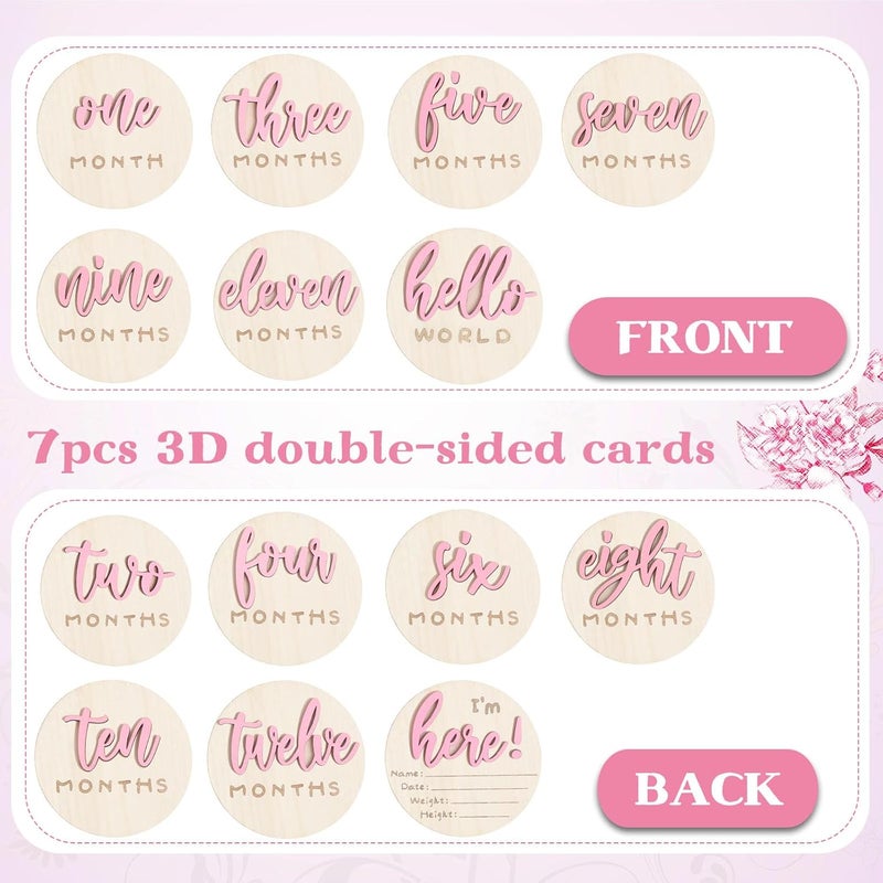 Burbell 3D Baby Monthly Milestone Card Signs Baby Announcement Sign 7 Pack Double Sided Hello World Newborn Signs Wooden Circles Discs for Welcome Newborn Shower Boy Girl Photo PropsPink - Image 4