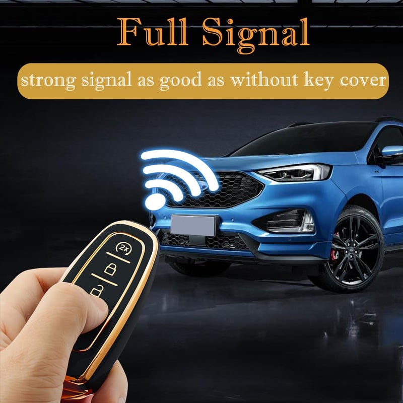 Cacacar Key Fob Cover for Ford with Keychain Explorer Edge Expedition Flex Focus Taurus Lincoln MKS MKT MKX Premium Soft TPU Full Protection Case Holder (Black) - Image 3