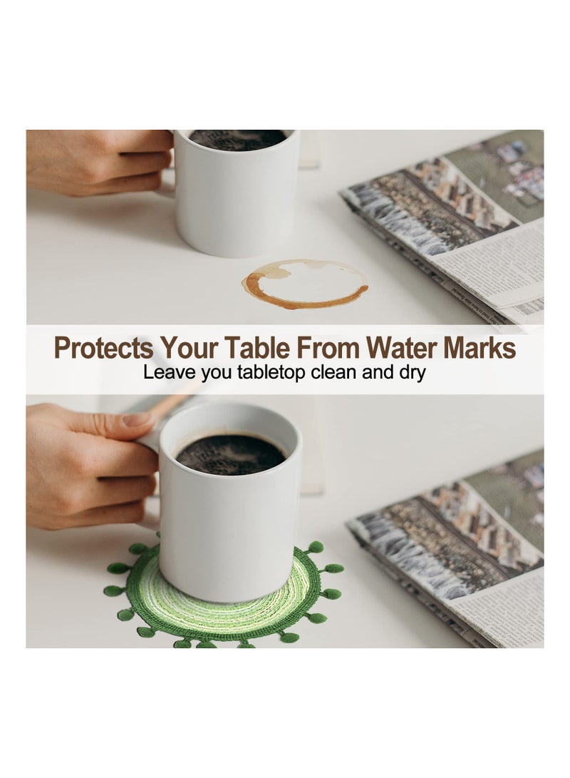 SOLARAE 6 Pcs Green Woven Coasters, Boho Coasters for Drinks, Round Cloth Coasters for Drinks Absorbent, Vintage Ethnic Lace Coasters, 5.2" Absorbent Coasters for Home, Office - Image 3