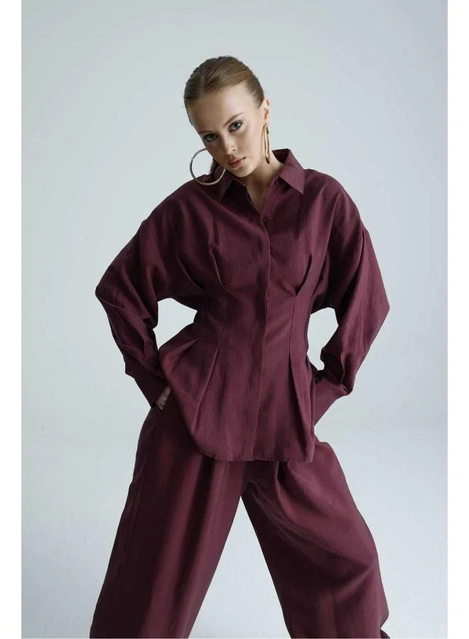 GACACOLLECTION AGAPI Burgundy Belted Shirt and Harem Pants Set.