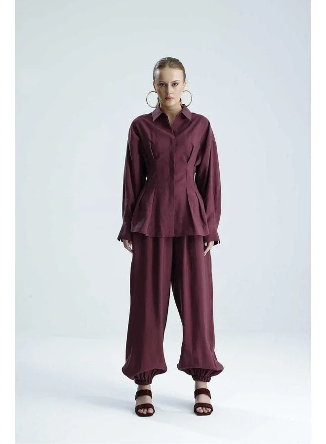 GACACOLLECTION AGAPI Burgundy Belted Shirt and Harem Pants Set.