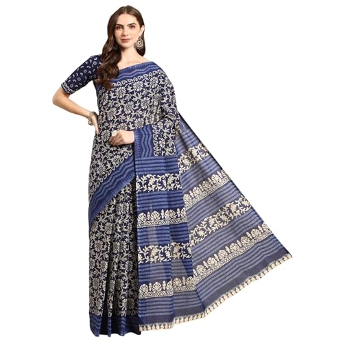 RATAN Pure Cotton Printed Mulmul Saree for Women with Blouse Piece (GDBT-BP-1045-BLUE_Blue) - Image 1