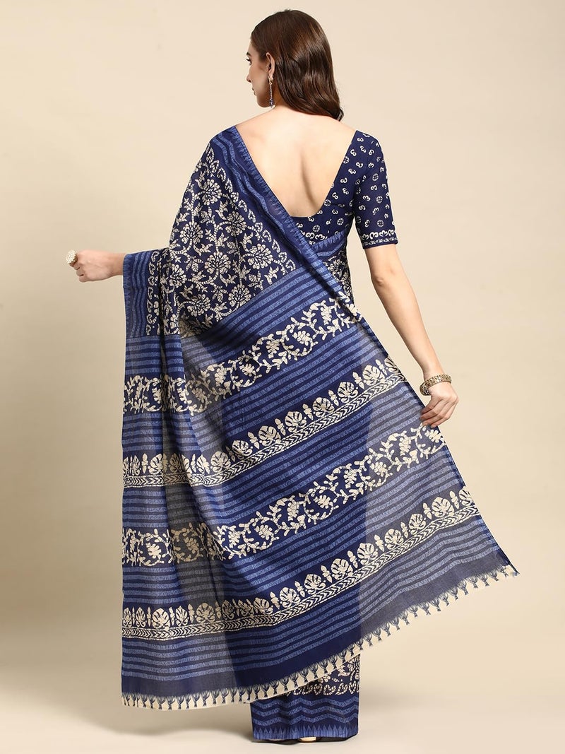 RATAN Pure Cotton Printed Mulmul Saree for Women with Blouse Piece (GDBT-BP-1045-BLUE_Blue) - Image 2