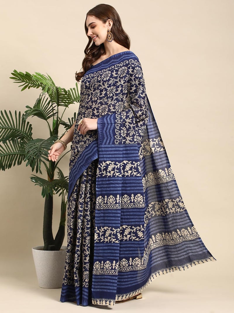 RATAN Pure Cotton Printed Mulmul Saree for Women with Blouse Piece (GDBT-BP-1045-BLUE_Blue) - Image 4