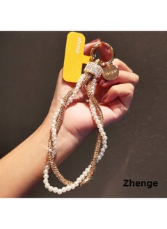 Fashion Ladies Full Diamond Pearl Mobile Phone Hanging Chain Ins Wrist Hanging Accessories Mobile Phone Case Pendant Beaded Double Chain High-Level Sense-Specifications Support Image Upload:Wrist Style [gold] Rhinestone Head With Diamonds And Twisted Pearl Lanyard + Yellow Long Clip