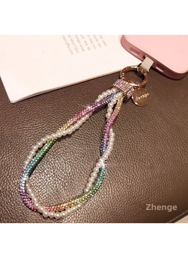 Generic - Fashion Ladies Full Diamond Pearl Mobile Phone Hanging Chain Ins Wrist Hanging Accessories Mobile Phone Case Pendant Beaded Double Chain High-Level Sense-Specifications Support Image Upload:Wrist Style [gold] Rhinestone Head With Diamonds And Twisted Pearl Lanyard + Yellow Long Clip - Image 1