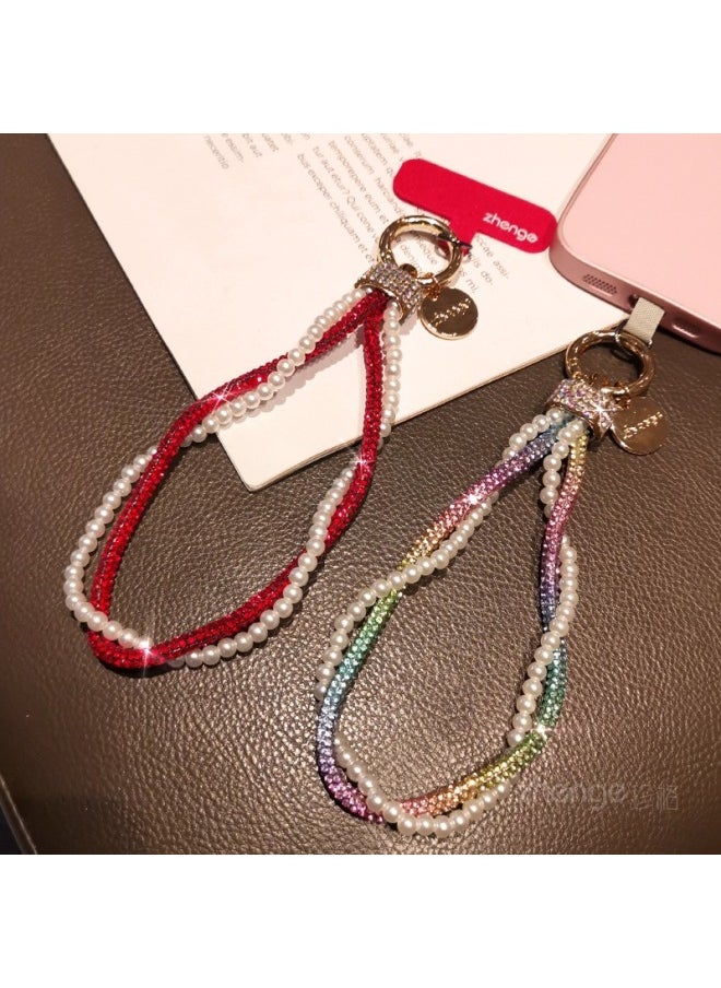Generic - Fashion Ladies Full Diamond Pearl Mobile Phone Hanging Chain Ins Wrist Hanging Accessories Mobile Phone Case Pendant Beaded Double Chain High-Level Sense-Specifications Support Image Upload:Wrist Style [gold] Rhinestone Head With Diamonds And Twisted Pearl Lanyard + Yellow Long Clip - Image 1