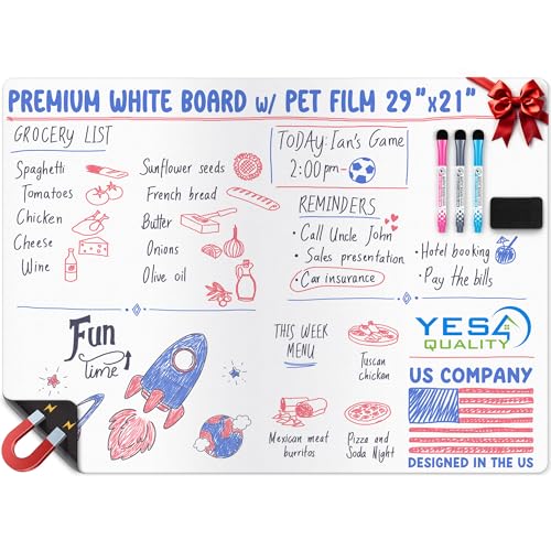 YES4QUALITY Extra Large Magnetic Dry Erase White Board Sheet for Fridge - 29x21 - Stain Resistant Technology with 3 Markers & Big Eraser with Magnet - Refrigerator Whiteboard Planner Organizer - by Yes4Quality - Image 1
