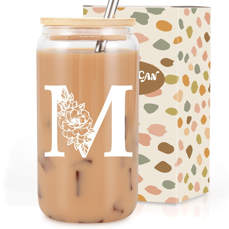 Coolife Initial Glass Cup, Monogrammed Gifts for Women, 16oz Glass Cups w/Lids Straws, Iced Coffee Smoothie Beer Tumbler w/Straw Lid, Personalized Mothers Day, Birthday Gifts for Woman Mom Friend Her - Image 1