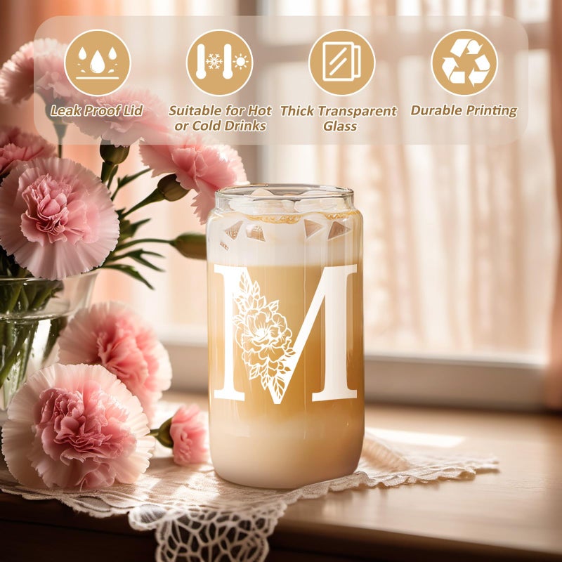 Coolife Initial Glass Cup, Monogrammed Gifts for Women, 16oz Glass Cups w/Lids Straws, Iced Coffee Smoothie Beer Tumbler w/Straw Lid, Personalized Mothers Day, Birthday Gifts for Woman Mom Friend Her - Image 2