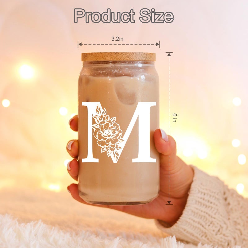 Coolife Initial Glass Cup, Monogrammed Gifts for Women, 16oz Glass Cups w/Lids Straws, Iced Coffee Smoothie Beer Tumbler w/Straw Lid, Personalized Mothers Day, Birthday Gifts for Woman Mom Friend Her - Image 5