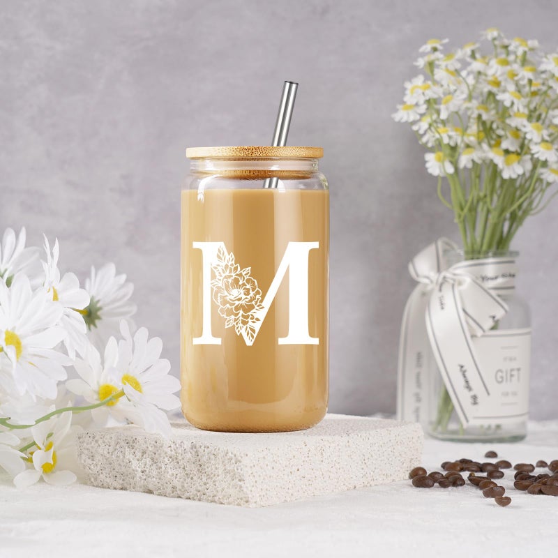 Coolife Initial Glass Cup, Monogrammed Gifts for Women, 16oz Glass Cups w/Lids Straws, Iced Coffee Smoothie Beer Tumbler w/Straw Lid, Personalized Mothers Day, Birthday Gifts for Woman Mom Friend Her - Image 4
