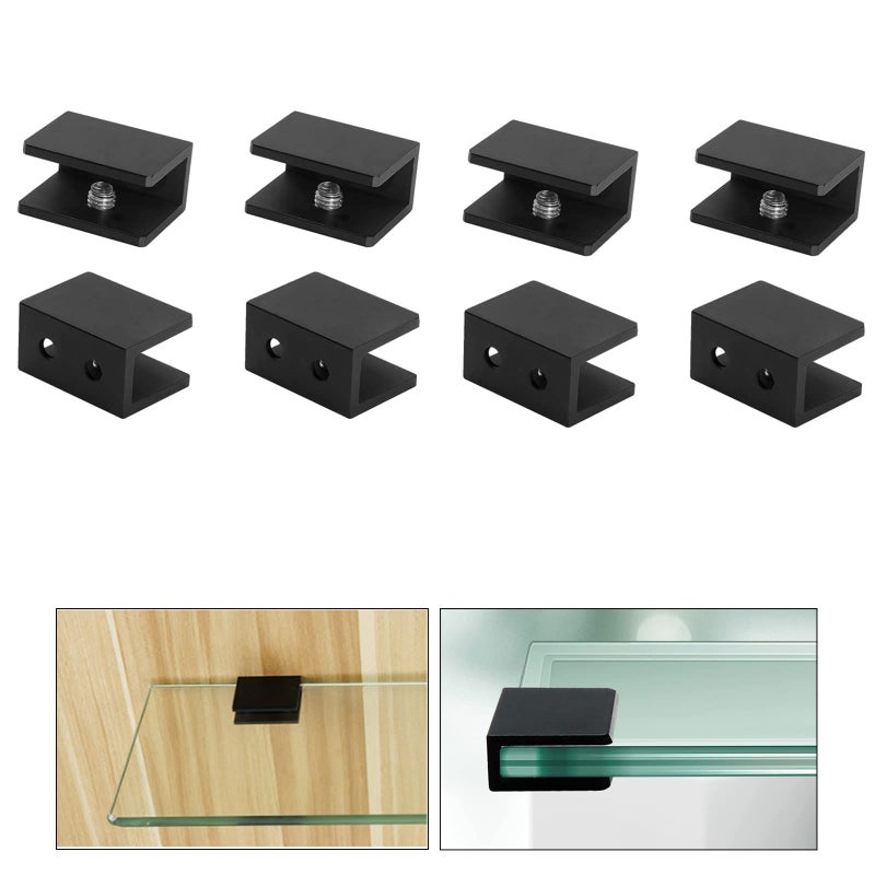 AWEN 8Pcs Square Adjustable Frameless Glass Shelf Bracket Holder Black Heavy Duty Glass Clamp Clip Support with Screws for Wall Mounted 0328mm03910mm