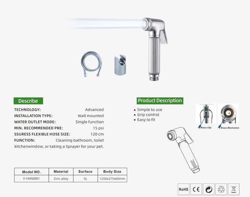 Stainless Steel Handheld Bidet Sprayer Set with 120cm Flexible Hose - Image 5