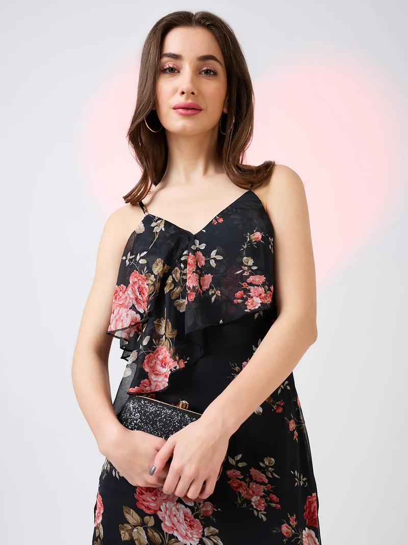 globus Women V-Neck Strappy Shoulder Floral Print Ruffles Detail Midi A-Line Party Dress
