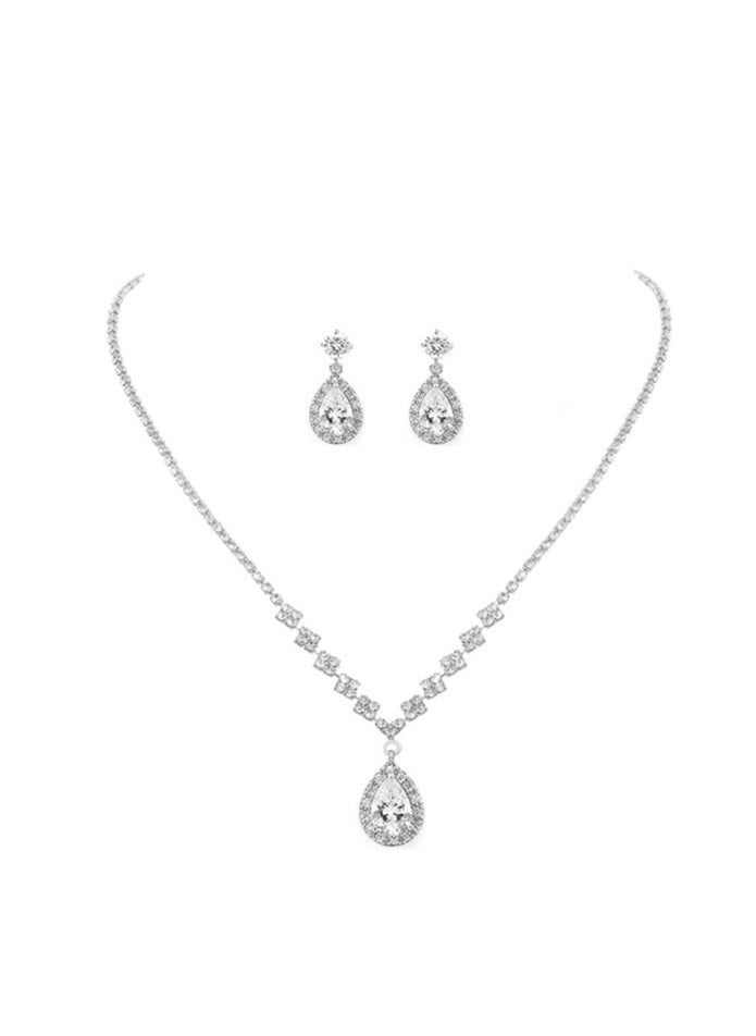 roaiss 3 Pcs Rhinestone Necklace Earrings Set Drop-shaped Pendant V-neck Chain Ear Dangle Bridal Evening Dress Accessories for Women Silver/Clear  - Image 1