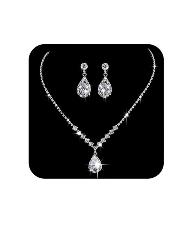 roaiss 3 Pcs Rhinestone Necklace Earrings Set Drop-shaped Pendant V-neck Chain Ear Dangle Bridal Evening Dress Accessories for Women Silver/Clear  - Image 2