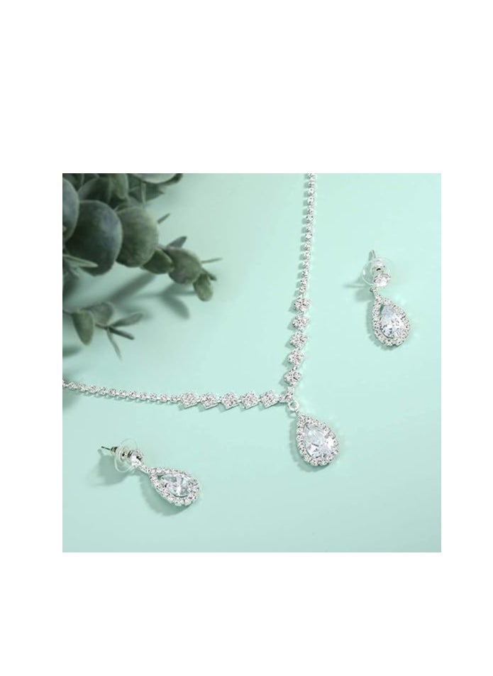 roaiss 3 Pcs Rhinestone Necklace Earrings Set Drop-shaped Pendant V-neck Chain Ear Dangle Bridal Evening Dress Accessories for Women Silver/Clear  - Image 3