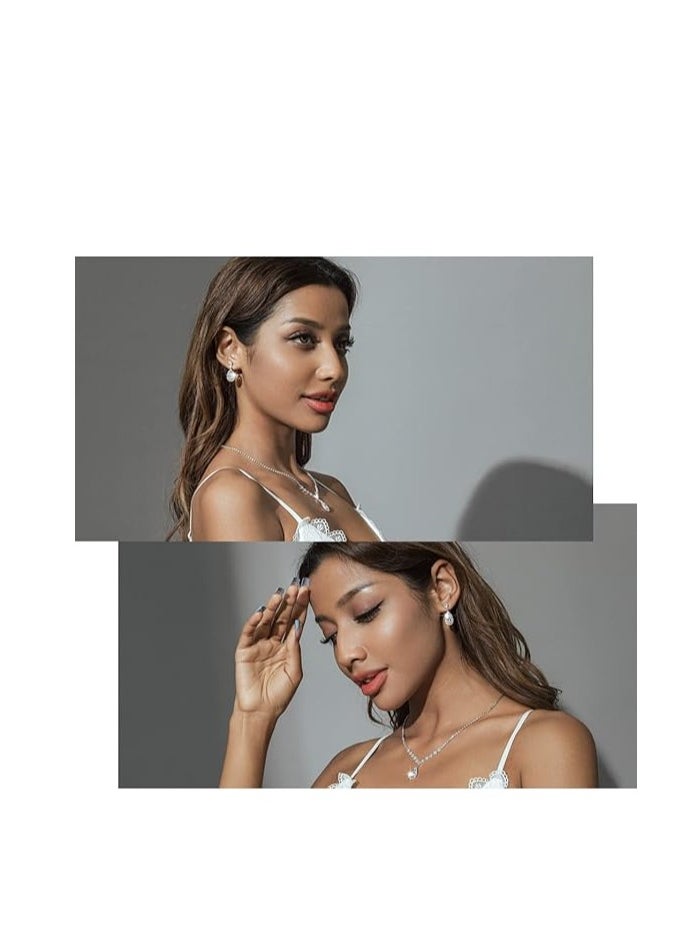 roaiss 3 Pcs Rhinestone Necklace Earrings Set Drop-shaped Pendant V-neck Chain Ear Dangle Bridal Evening Dress Accessories for Women Silver/Clear  - Image 4