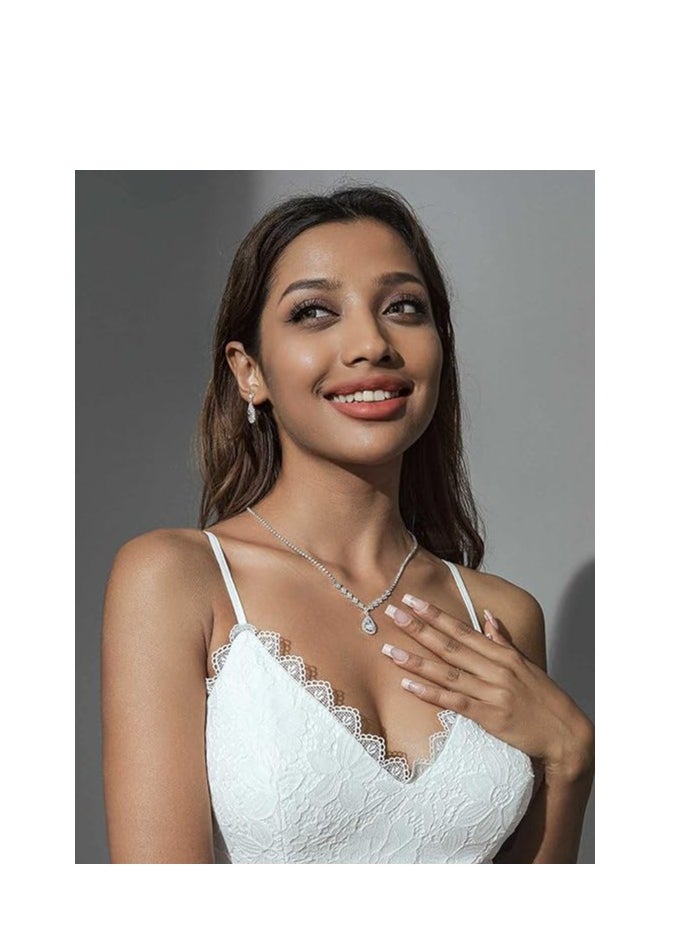 roaiss 3 Pcs Rhinestone Necklace Earrings Set Drop-shaped Pendant V-neck Chain Ear Dangle Bridal Evening Dress Accessories for Women Silver/Clear  - Image 5